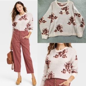 Knox Rose Women's Natural Pink Floral Printed Knit Crewneck Sweater sz XL chunky